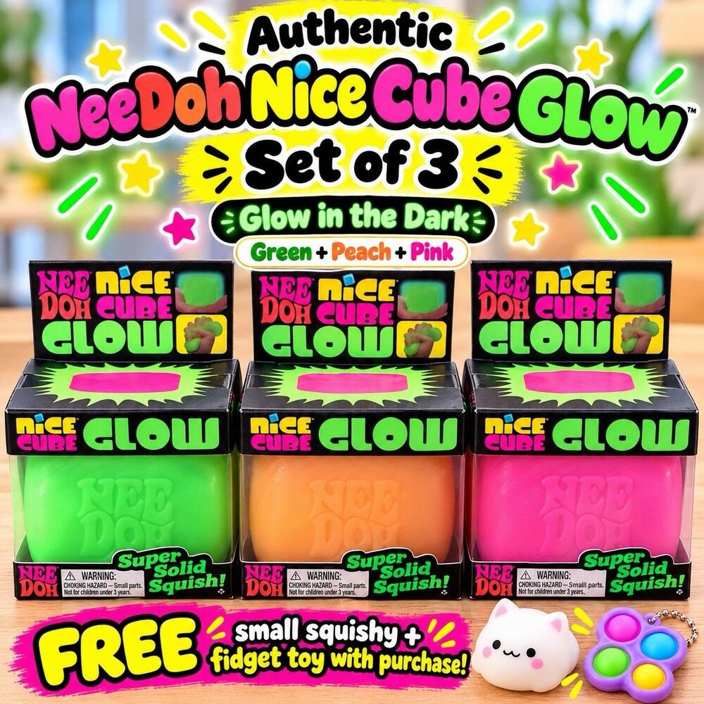 NeeDoh Squeeze Glow NICE CUBES Green, Orange, And Pink + Free Surprises!